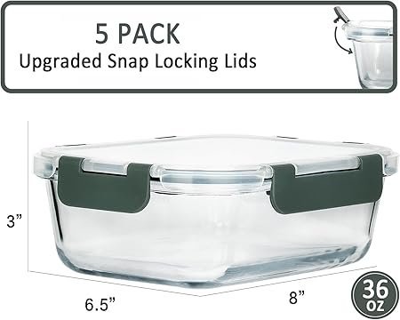 M MCIRCO 5Packs 36 Oz Glass Meal Prep Containers with Snap Locking Lids Glass